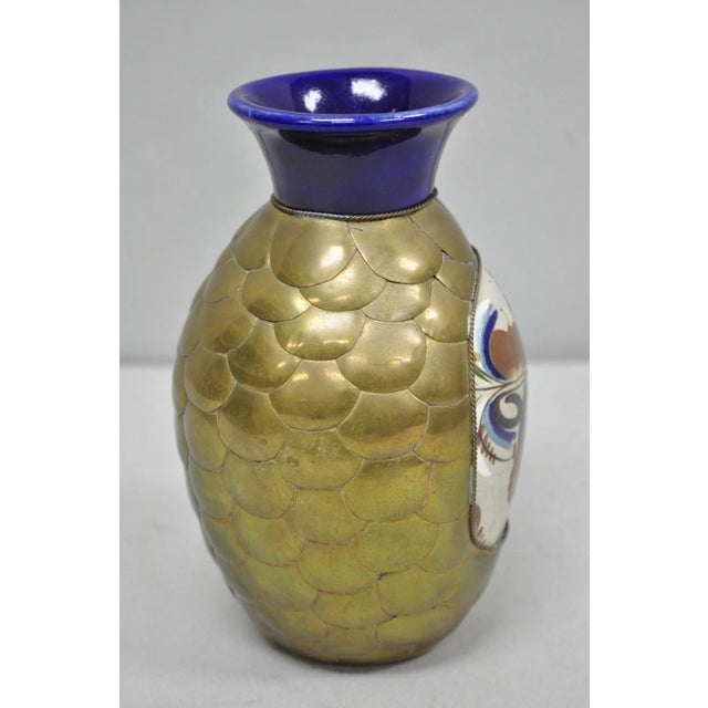 Mid 20th Century 20th C. Mateos Mexico Tonala Pottery Mid Century Modern Brass Peacock Feather 7" Vase For Sale - Image 5 of 14