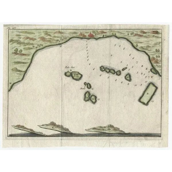 A small early 18th century map of Banten Bay showing the islands of Pulo Dua and Pulo Batto together with soundings within...