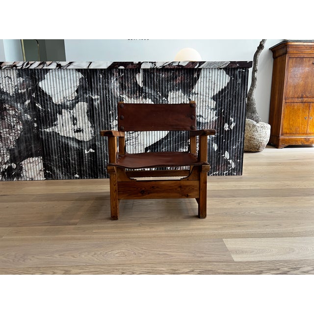 Wood 1970's Pair of Spanish Leather and Wood Armchairs For Sale - Image 7 of 7