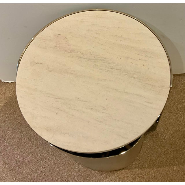 Original retail $3765, stylish Caracole Modern Silver Leaf Nautilus Side Table, creamy polished travertine top, a whisper...