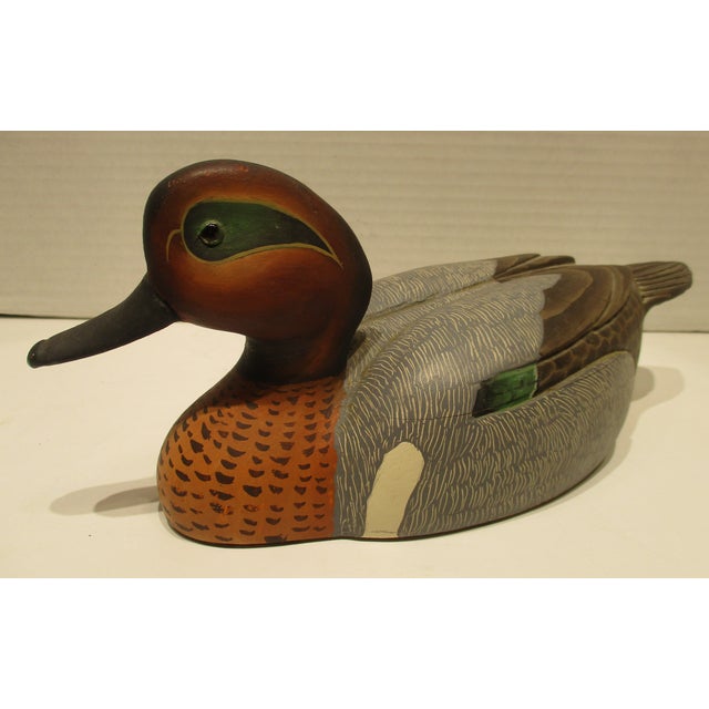 1980s Hand Painted Decorative Wood Duck Decoy With Glass