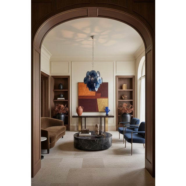 Vintage Italian Murano Glass Chandelier in Vistosi Style | 24 Alabaster Blue Discs For Sale In Los Angeles - Image 6 of 6