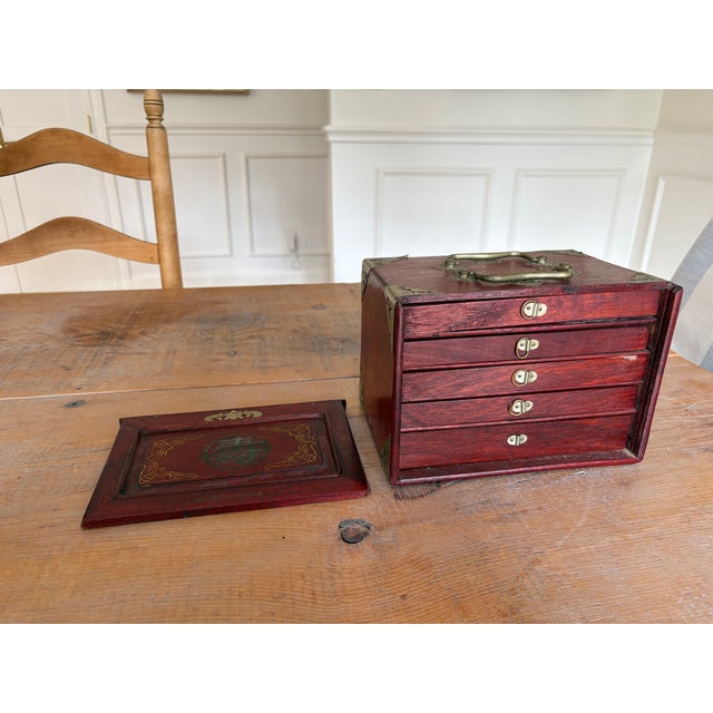 Chinoiserie Vintage Chinese Mahjong Set, Bone & Bamboo Tiles, 5-Drawer Rosewood Case With Brass Hardware For Sale - Image 3 of 13