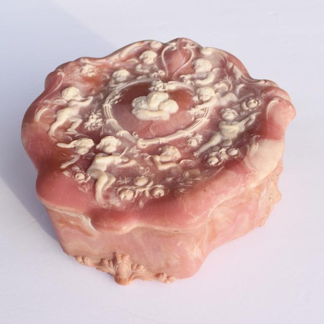 Mid 20th Century Vintage Pink Scalloped Incolay Stone Trinket Box For Sale - Image 5 of 8