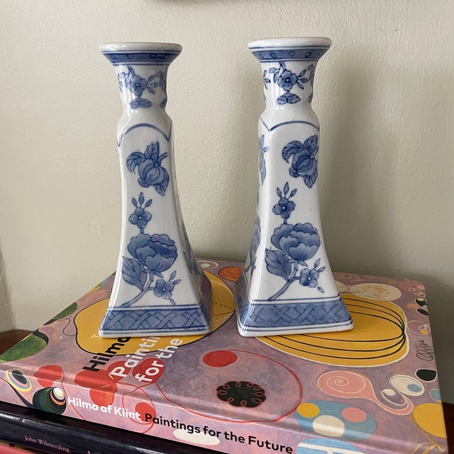 Chinoiserie Blue & White Candle Holders a Pair Chairish