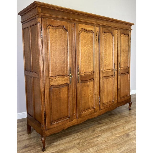Vintage French Louis XVI Style Carved Oak 4-Door Wardrobe For Sale - Image 3 of 12