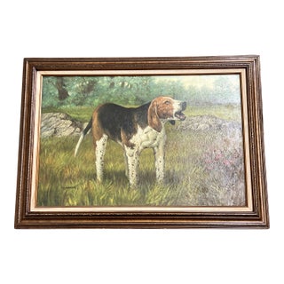 1950’s Original Large Dog Painting of Foxhound Baying Wood-Lined Field Signed Original Frame For Sale