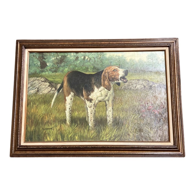 1950’s Original Large Dog Painting of Foxhound Baying Wood-Lined Field Signed Original Frame For Sale
