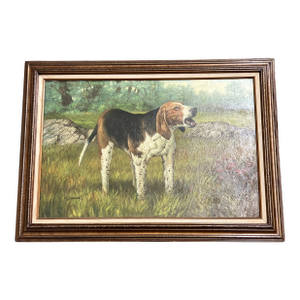 1950’s Original Large Dog Painting of Foxhound Baying Wood-Lined Field Signed Original Frame