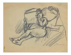 Mino Maccari, Reclined, Original Charcoal, Mid-20th Century