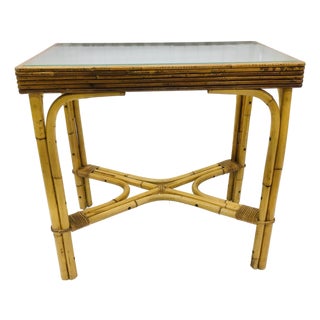 1950s Bamboo Bentwood Rattan Strand Glass Top X Base Console Accent Table For Sale