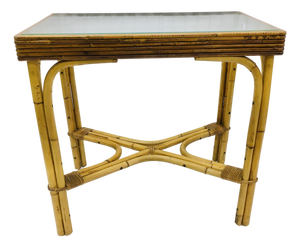 1950s Bamboo Bentwood Rattan Strand Glass Top X Base Console Accent Table