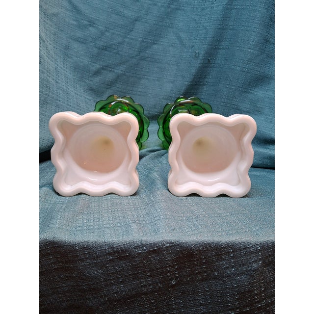 Emerald Antique Emerald Green Glass Whale Oil Lamps Milk Glass Base Eapg 13.5" - a Pair For Sale - Image 8 of 9