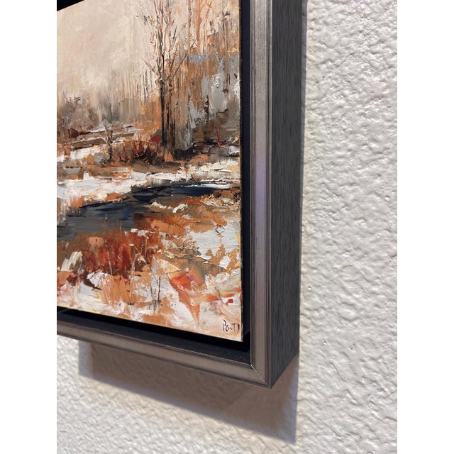 This oil painting captures a serene landscape transitioning through the seasons, with muted tones of browns and soft...