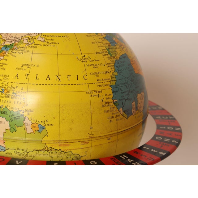 Vintage Replogle Yellow and Red Tin Litho "Globe Grams' Spinning World Globe For Sale - Image 15 of 18