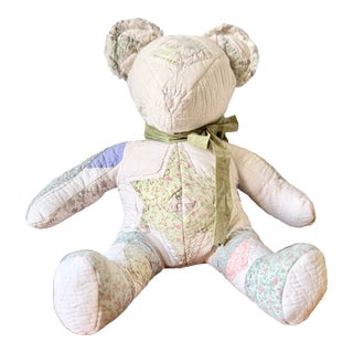 Vintage Handmade Patchwork Teddy Bear, Quilt Fabric Stuffed Animal, Folk Art Plush For Sale