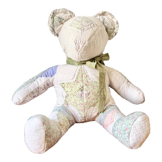 Vintage Handmade Patchwork Teddy Bear, Quilt Fabric Stuffed Animal, Folk Art Plush For Sale