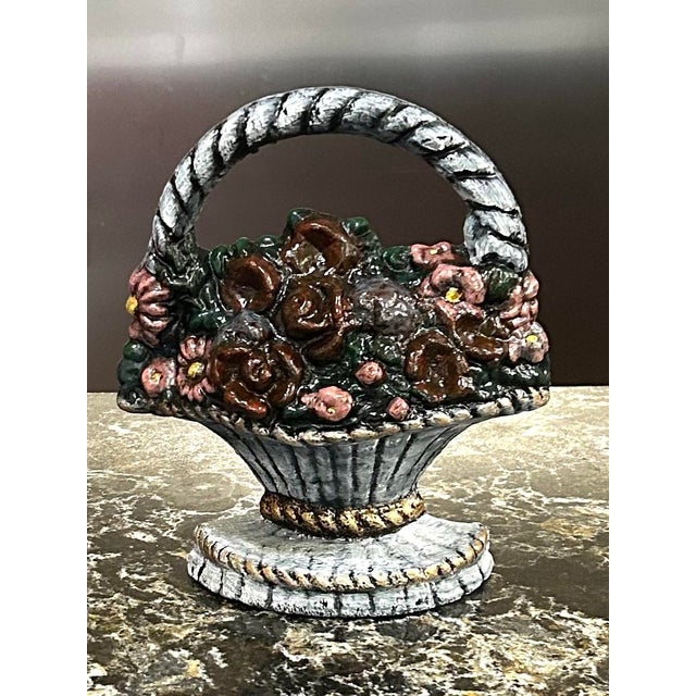 Heavy Cast Iron, Vintage, Woven, Basket-of-Flowers Doorstop, With a Rope Twist Handle, and a Hand-Painted, Polychrome Finish, 1930-1950’s For Sale In South Bend - Image 6 of 7