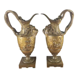 Pair of Late 19th Century Neoclassical Ornate Bronze Mythological Figural Ewer Urns Snake Handles Pan Maidens