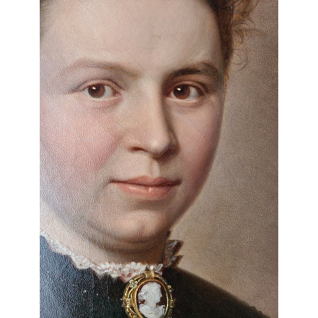 Antique 19th Century German Oval Oil Painting Portrait of a Lady With a Cameo For Sale - Image 4 of 15