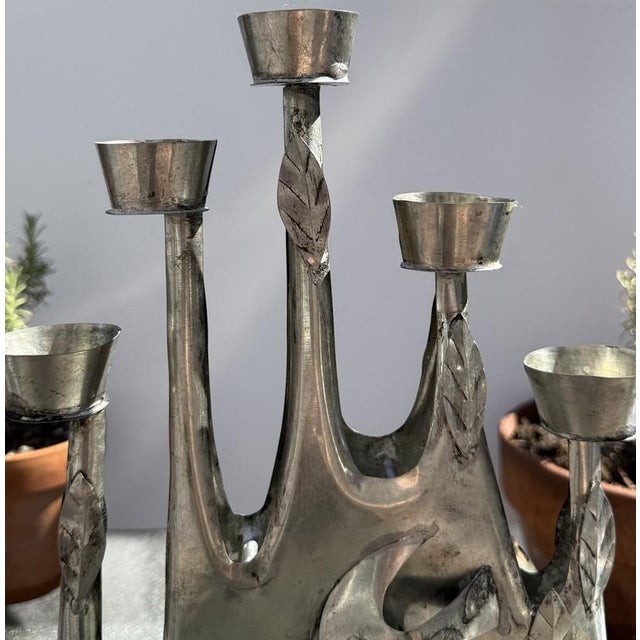Gene Byron Attrib MCM Brutalist Folk Art Mexican Tin Modernist Candelabra Sculpture, Birds For Sale - Image 9 of 10