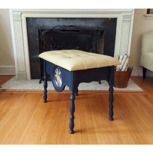 1940s Art Nouveau Leather Topped Bench With Button Detail For Sale - Image 5 of 12