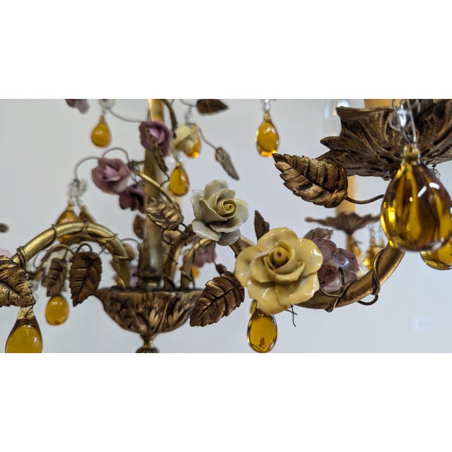 Bronze 1940 French Tole Bronze With Ceramic Flowers Chandelier For Sale - Image 8 of 8