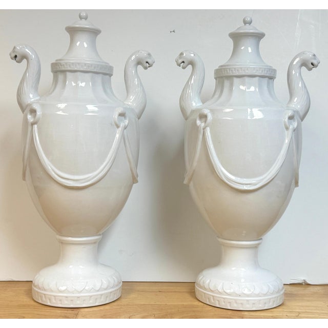 Pair of Neoclassical Blanc de Chine Porcelain Covered Urns, Attributed to Nymphenburg, 20th Century Four pieces in set:...