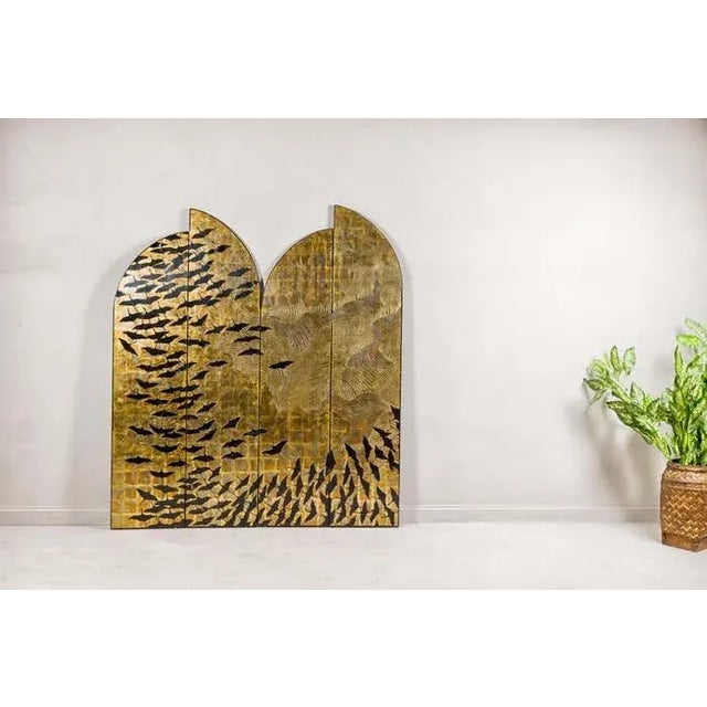 Hollywood Regency Hollywood Regency Black and Gold Four-Panel Screen with Hand-Painted Cranes For Sale - Image 3 of 12