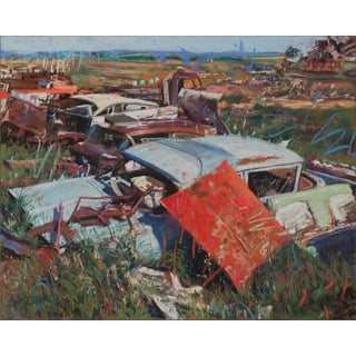 Fixer Uppers by Jeff Slemons | Soft pastel on sanded paper depicting abandoned cars in a field. For Sale