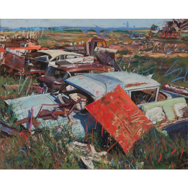 Fixer Uppers by Jeff Slemons | Soft pastel on sanded paper depicting abandoned cars in a field. For Sale