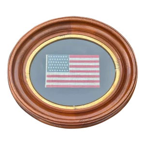 Antique American Flag Staggered 48 Stars Glazed Cotton in Antique Walnut Gilt Frame