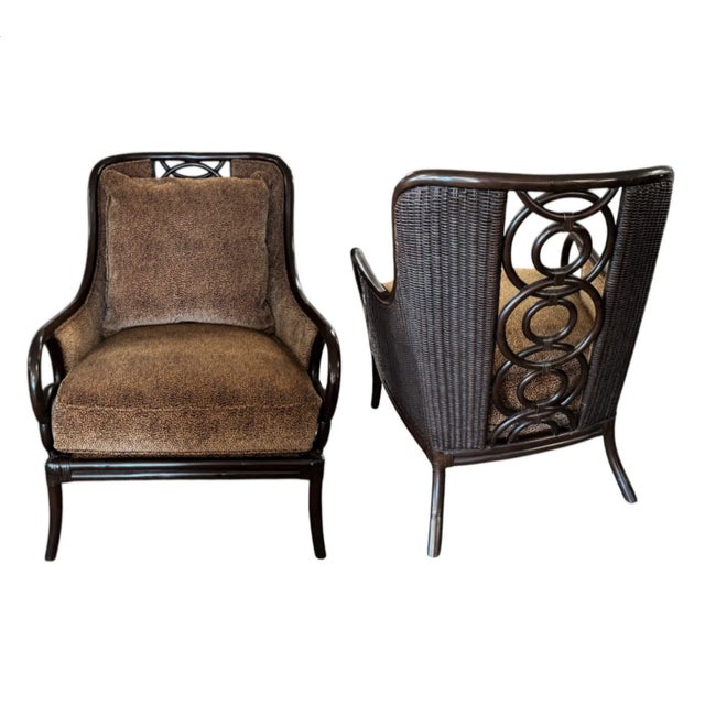 Lexington Furniture Pair Vintage Lexington Tommy Bahama Coastal Bamboo Rattan Brown Lounge Chairs For Sale - Image 4 of 6