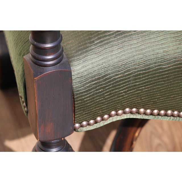 Pair of Antique High Back Throne Armchairs | Green Upholstery & Gold Monogram | Early 20th Century For Sale - Image 11 of 18