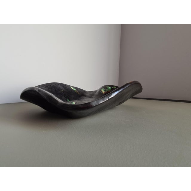 French Studio Pottery Bowl Freeform Lava Glaze Black Green Ceramic Dish Mid-Century French Vintage Art Pottery Accent Piece, 1950 For Sale - Image 4 of 10