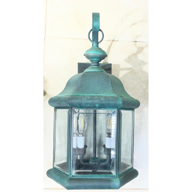 Pair of Solid Brass Outdoor Wall Lantern Sconces – Vintage Aged Verdigris For Sale In Miami - Image 6 of 15