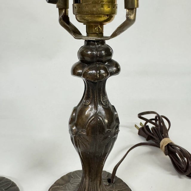 Petite Art Nouveau Style Bronze Finish Table Lamps- A Pair For Sale - Image 9 of 12