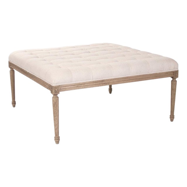 Louis Tufted Square Ottoman - Neutral Linen Cotton For Sale