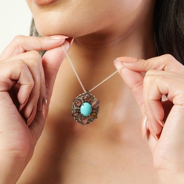 Not Yet Made - Made To Order Ornate Turquoise Carved Tourmaline Diamond Statement 925 Silver Pendant For Sale - Image 5 of 12