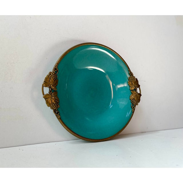 1930s Art Deco Ceramic Dish in Turquoise Green Glaze & Brass from Christian Jensen, 1930s For Sale - Image 5 of 9
