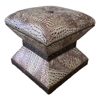 Faux Crocodile Custom Ottoman With Nailheads Brown and Off White For Sale