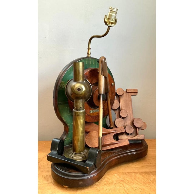Chestnut Vintage Wood and Metal Maritime Assemblage Lamp For Sale - Image 8 of 12