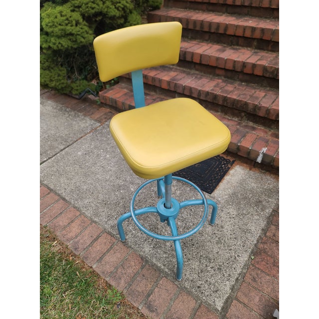 1960s 1960s Vintage Adjusto Equipment Company Drafting Chair Stool Vinyl Cushion Back Rest Swivel Adjustable With Foot Ring For Sale - Image 5 of 12