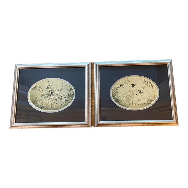 Early 20th Century French Artist Henri Berte Pencil Signed Prints Titled Breeze & June, Framed - Set of 2 For Sale