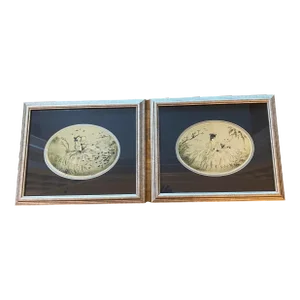 Early 20th Century French Artist Henri Berte Pencil Signed Prints Titled Breeze & June, Framed - Set of 2