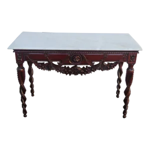 Heavy Carved Mahogany Marble Top Console Entry Table