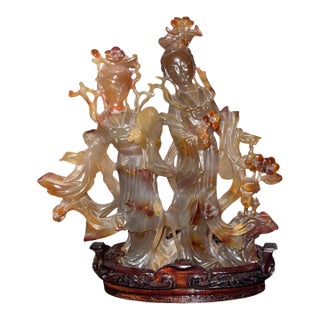Mid 20th Century Chinese Carnelian Agate Sculpture of Two Immortal Maidens on Carved Stand For Sale