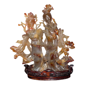 Mid 20th Century Chinese Carnelian Agate Sculpture of Two Immortal Maidens on Carved Stand