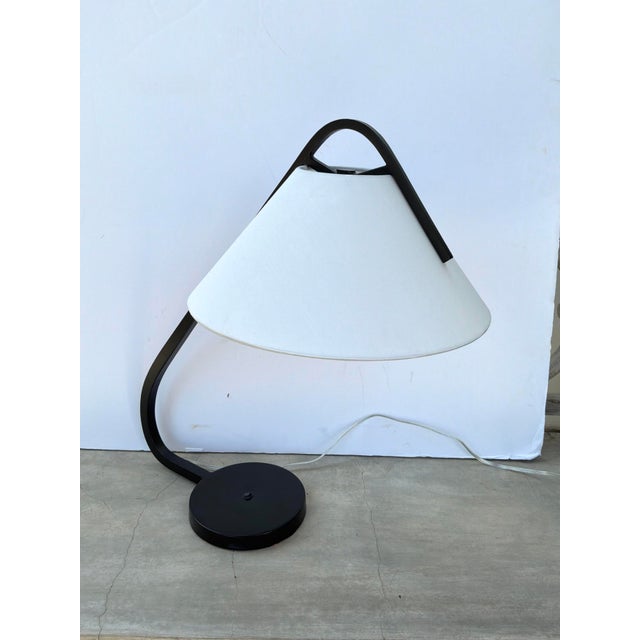 Stylish Currey & Co Frey Black Desk Lamp. Black arched body, white tapered shade. Original Retail $800. Showroom Floor...