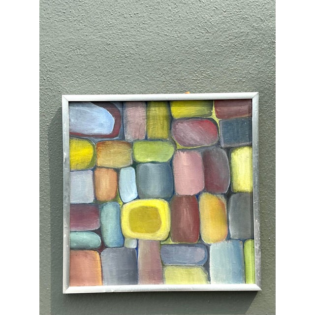 This striking original oil on board captures the vibrant yet serene essence of Mid-Century Modern abstraction. The...